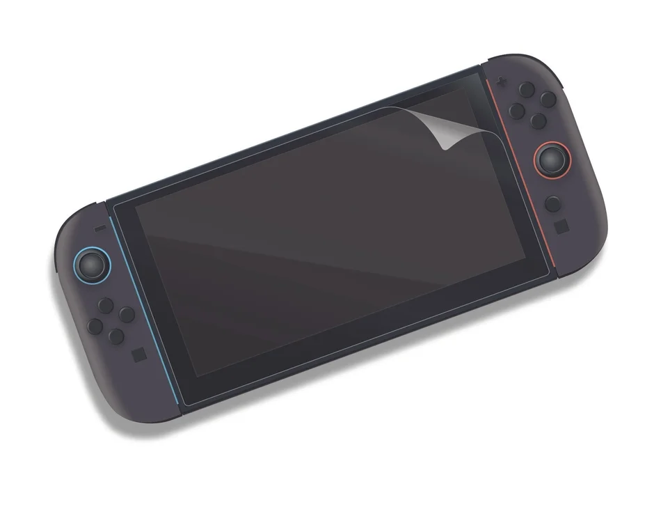 Nintendo Switch with a partially peeled screen protector