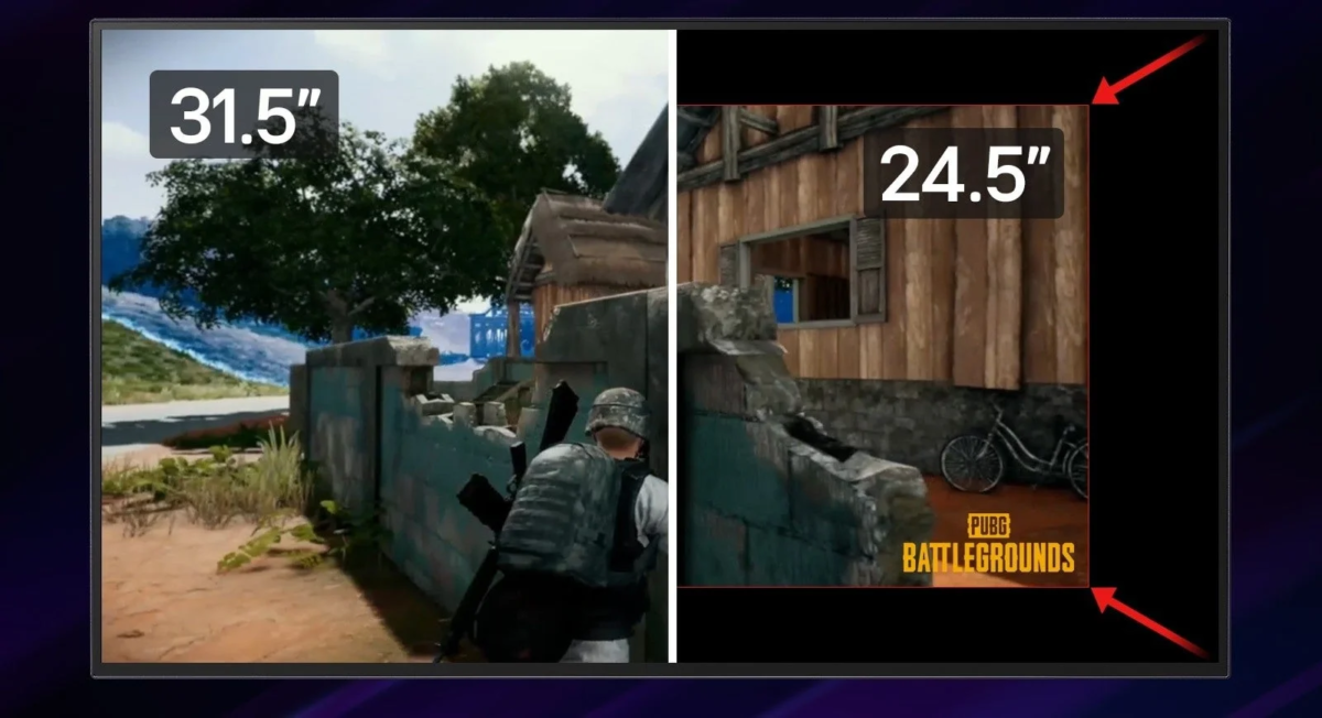 PUBG BATTLEGROUNDS game screen comparison on 31.5-inch and 24.5-inch displays