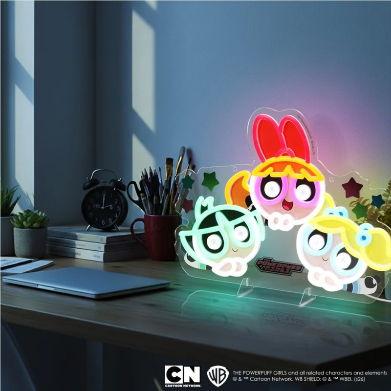 Powerpuff Girls neon light illuminating a desk