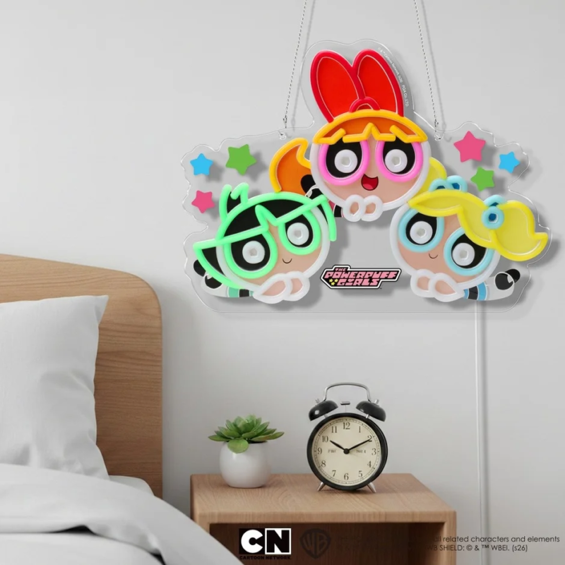 Powerpuff Girls neon sign in a bedroom