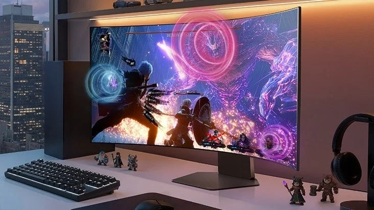 Gaming scene with curved monitor, illustrating AI Sound