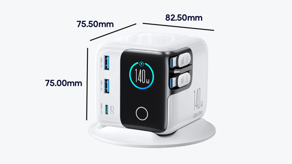 White cube multi-port charger with 140W output display