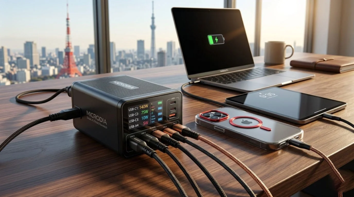 Multi-port charger, devices, Tokyo skyline