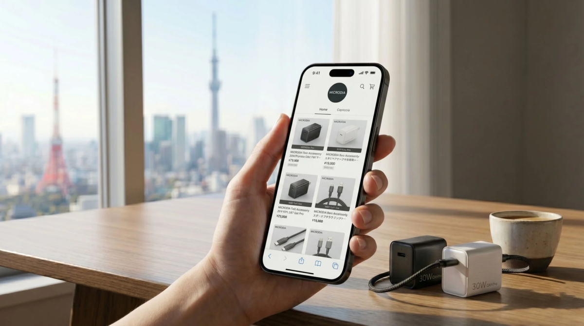Smartphone showing BASE shop, Tokyo skyline