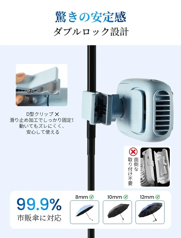 An advertisement for a clip-on device with a double lock design, showing its secure attachment to an umbrella with a D-type clip and anti-slip finish, compatible with 99.9% of market umbrellas.