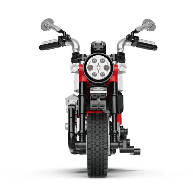 Toy motorcycle front view, red and black, block-assembled