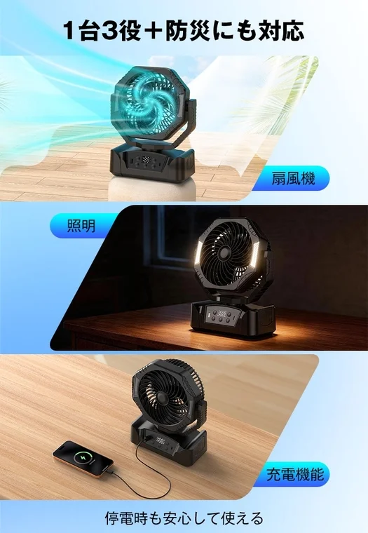 A multi-functional portable fan serving as a fan, light, and charger, highlighting its utility as an emergency preparedness item.