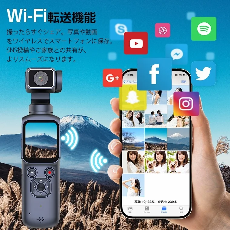 A camera screen showing Wi-Fi transfer in progress to a smartphone, with SNS icons