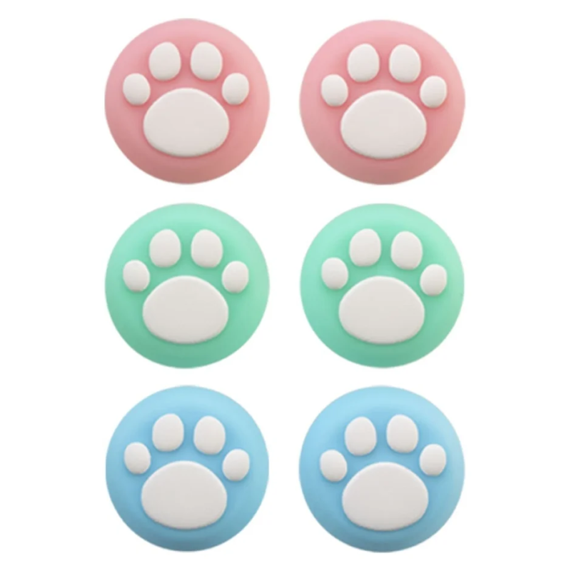 Pink, mint green, and light blue paw print analog stick covers
