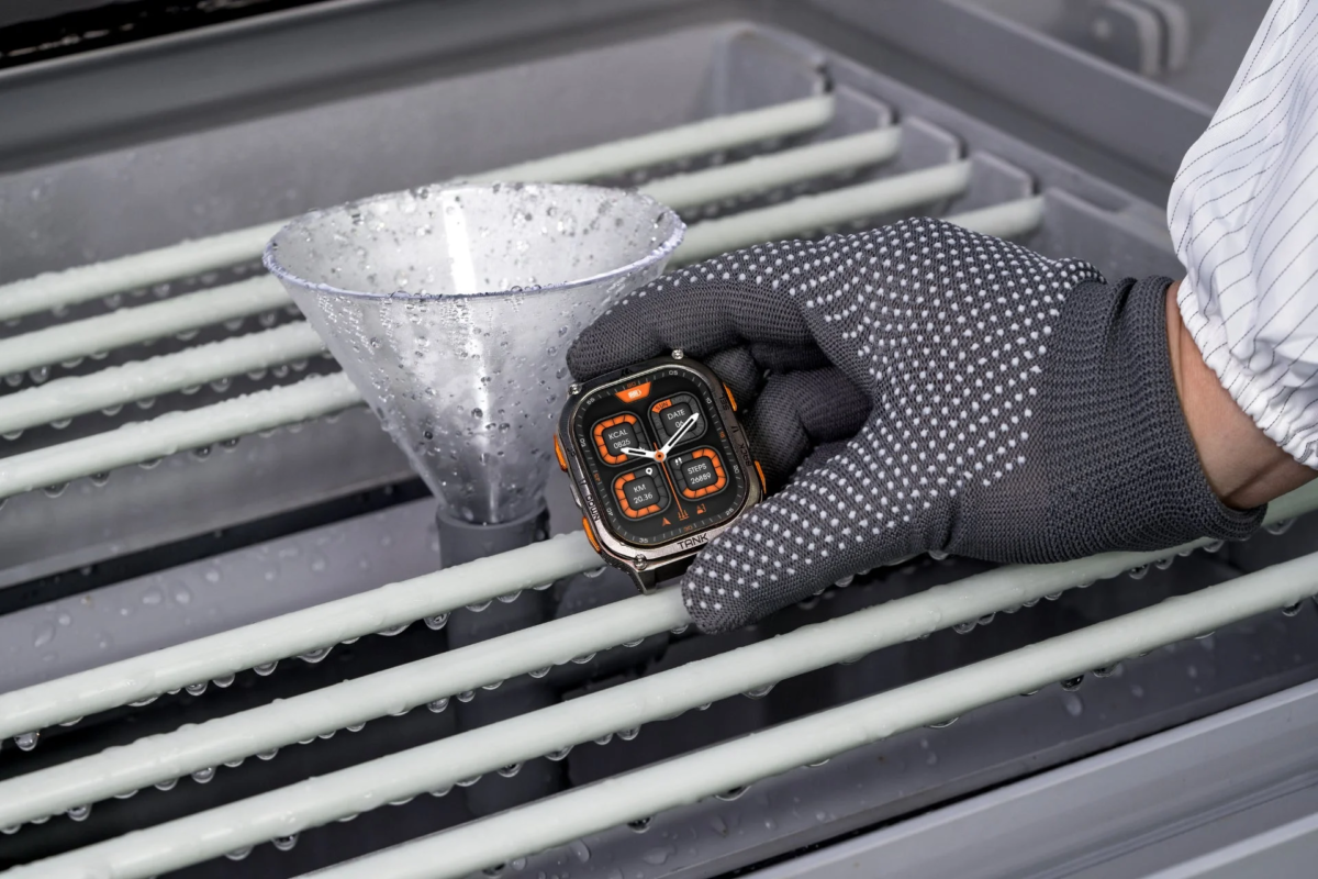 Smartwatch undergoing waterproof testing