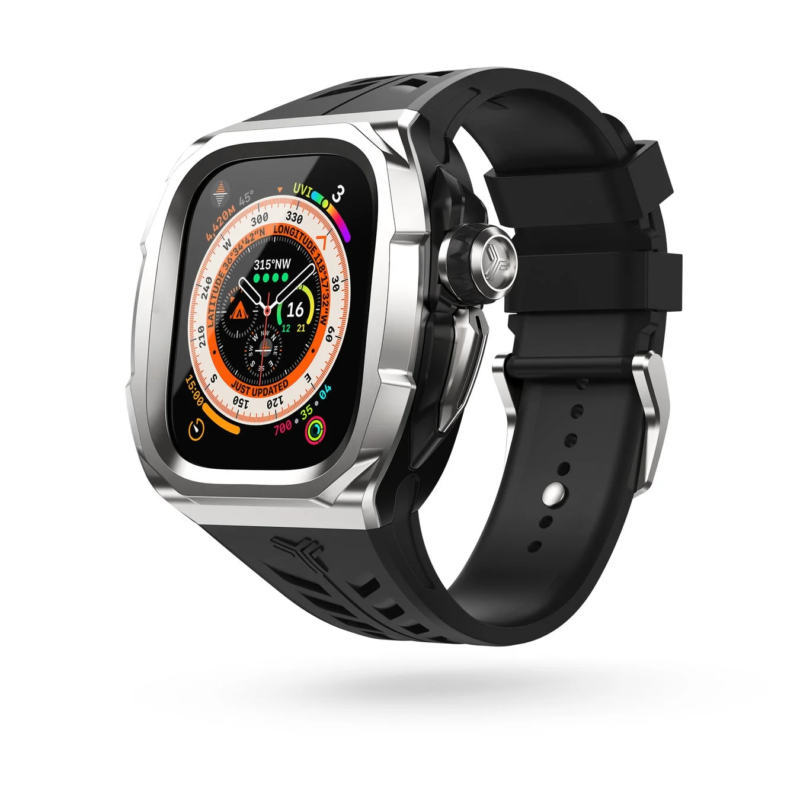 Silver Apple Watch case with black band