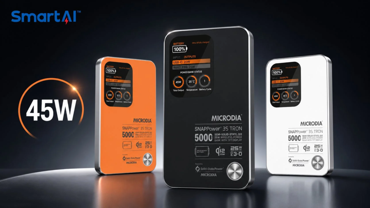 MICRODIA SNAPPower™ 3S TRON in three colors, highlighting 45W output