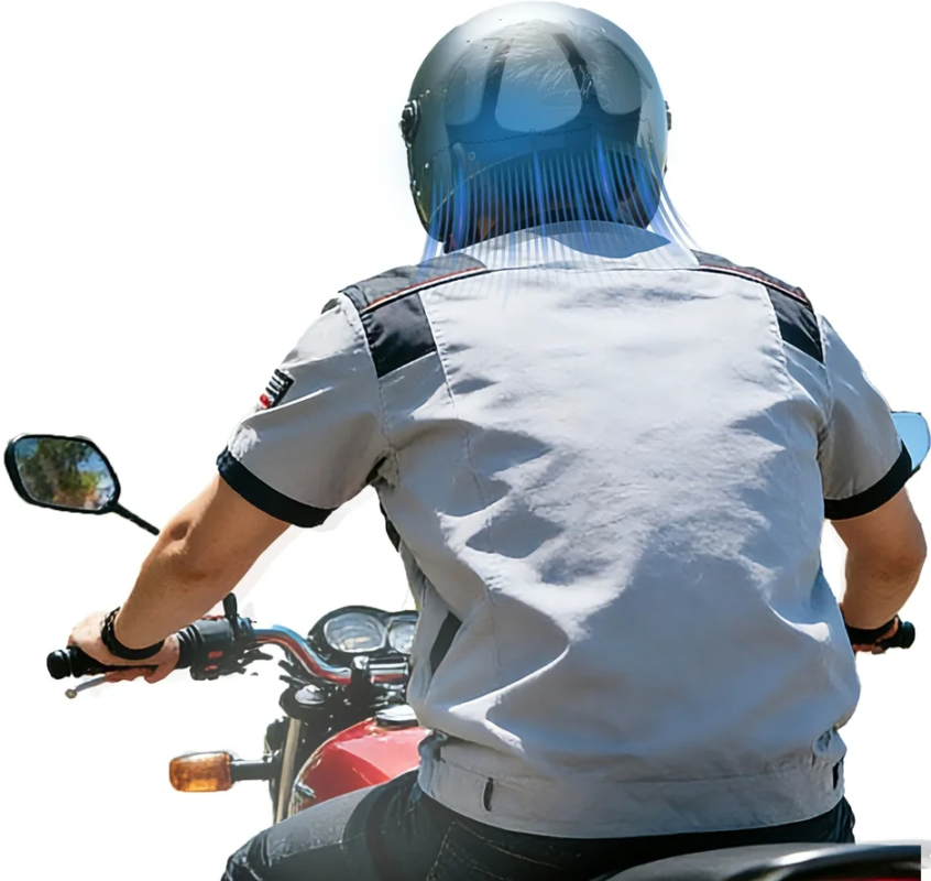 Motorcyclist with helmet showing cooling effect