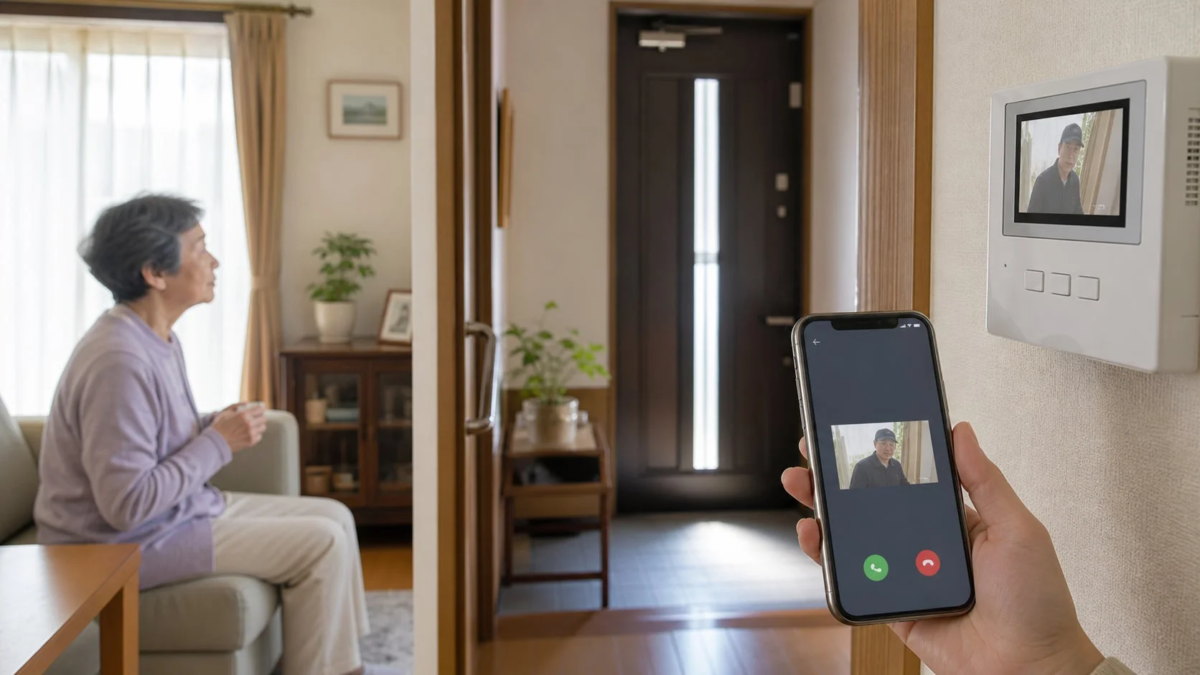 An elderly woman in her living room with a smartphone and wall-mounted intercom displaying a visitor.