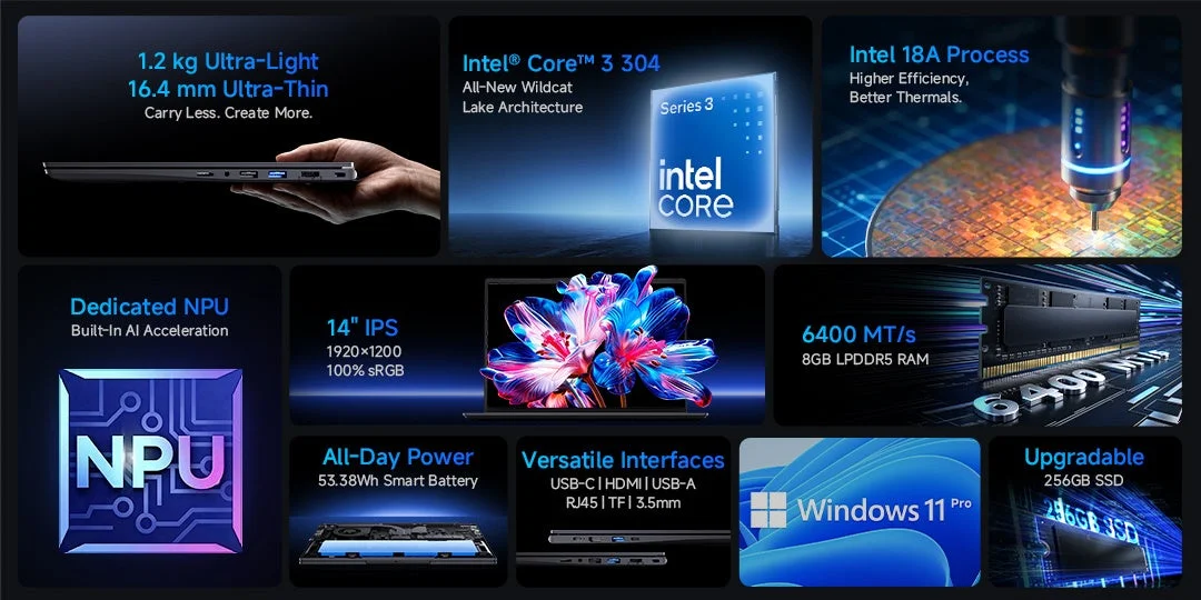 UniBook Features: Ultra-Light, Ultra-Thin, Intel Core 3, NPU, 14" IPS Display, All-Day Power, Versatile Interfaces