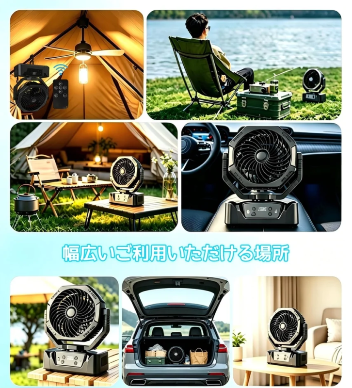A portable fan and light illustrating its wide range of applications, including camping, car camping, home, and outdoor work.