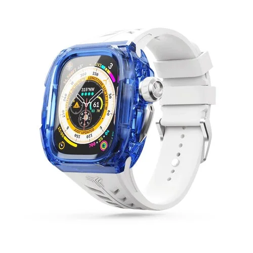 Clear Apple Watch case with blue accents and white band
