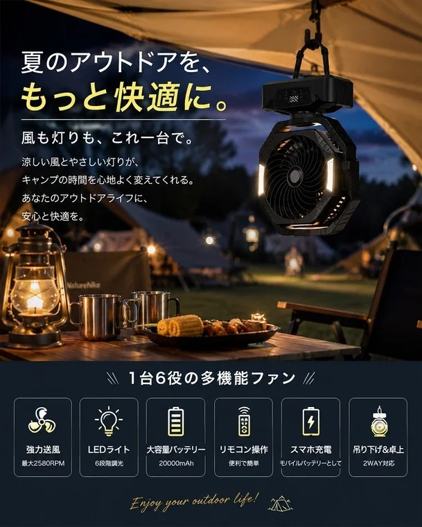 A multi-functional fan highlighting its features for outdoor comfort, including powerful airflow, LED light, large battery, remote control, and mobile charging.