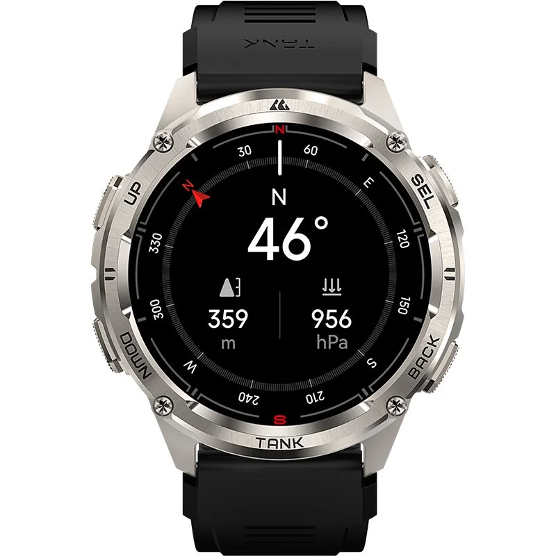 Smartwatch displaying compass, altitude, and pressure