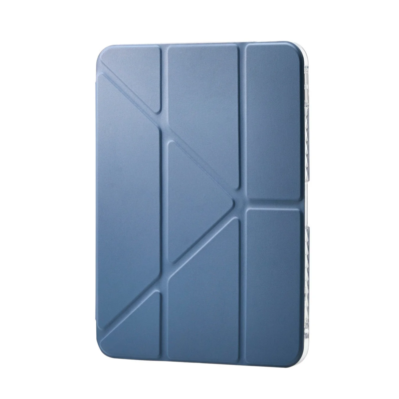 Blue tablet case with geometric folds, showing a transparent side