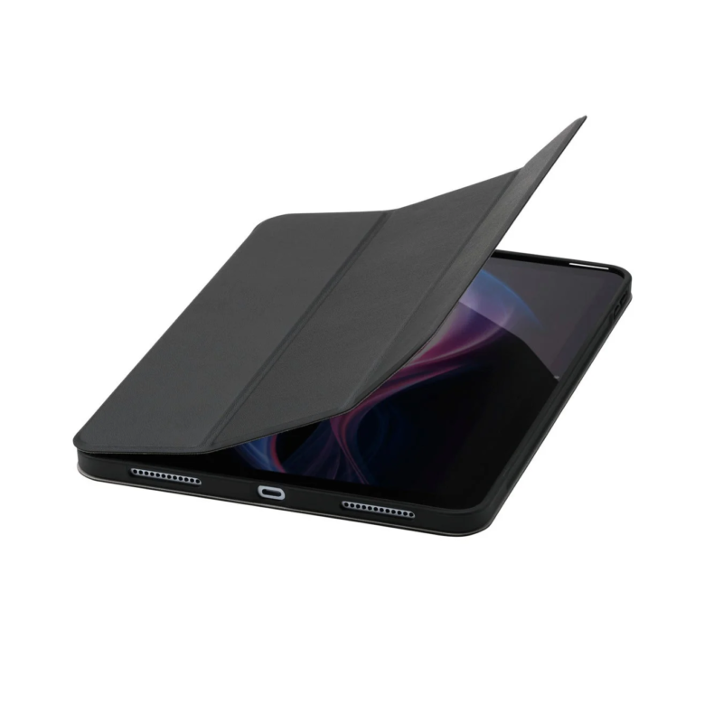 Black tablet protective case partially open, showing tablet screen