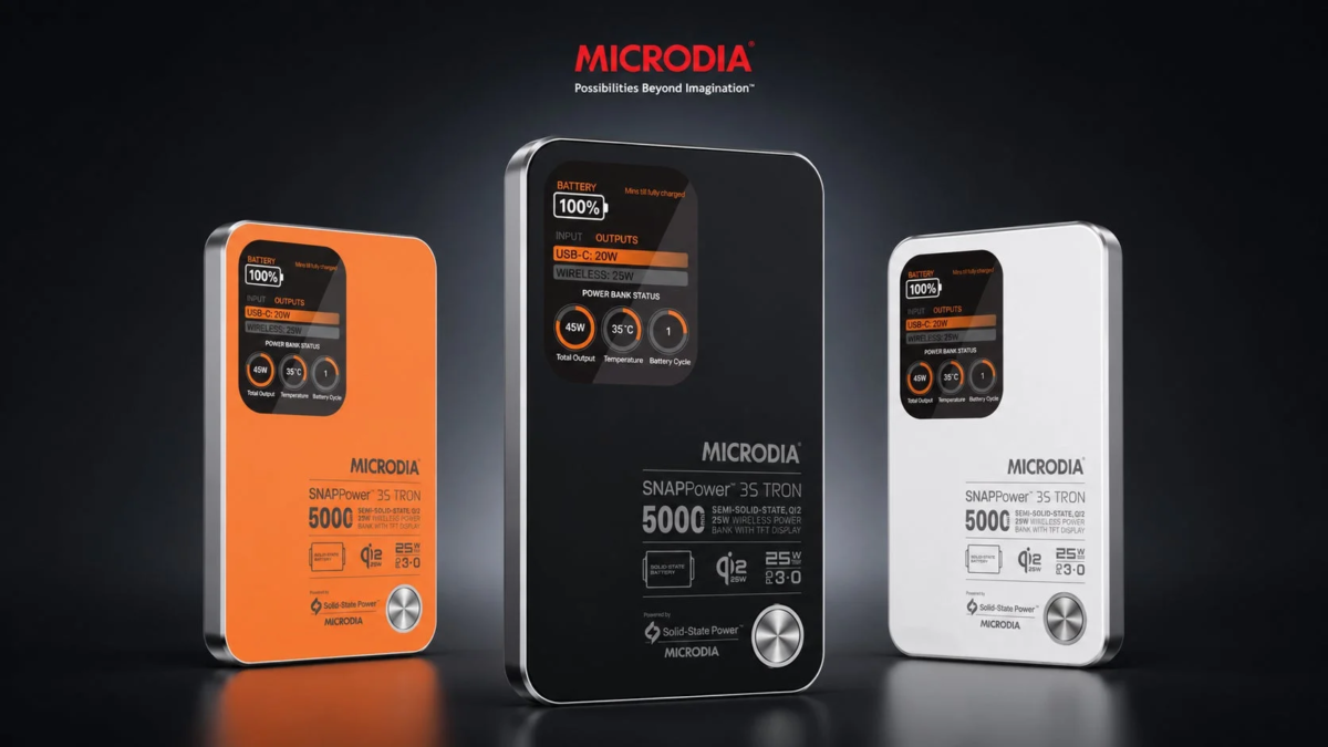 MICRODIA SNAPPower™ 3S TRON in three colors, highlighting semi-solid-state battery