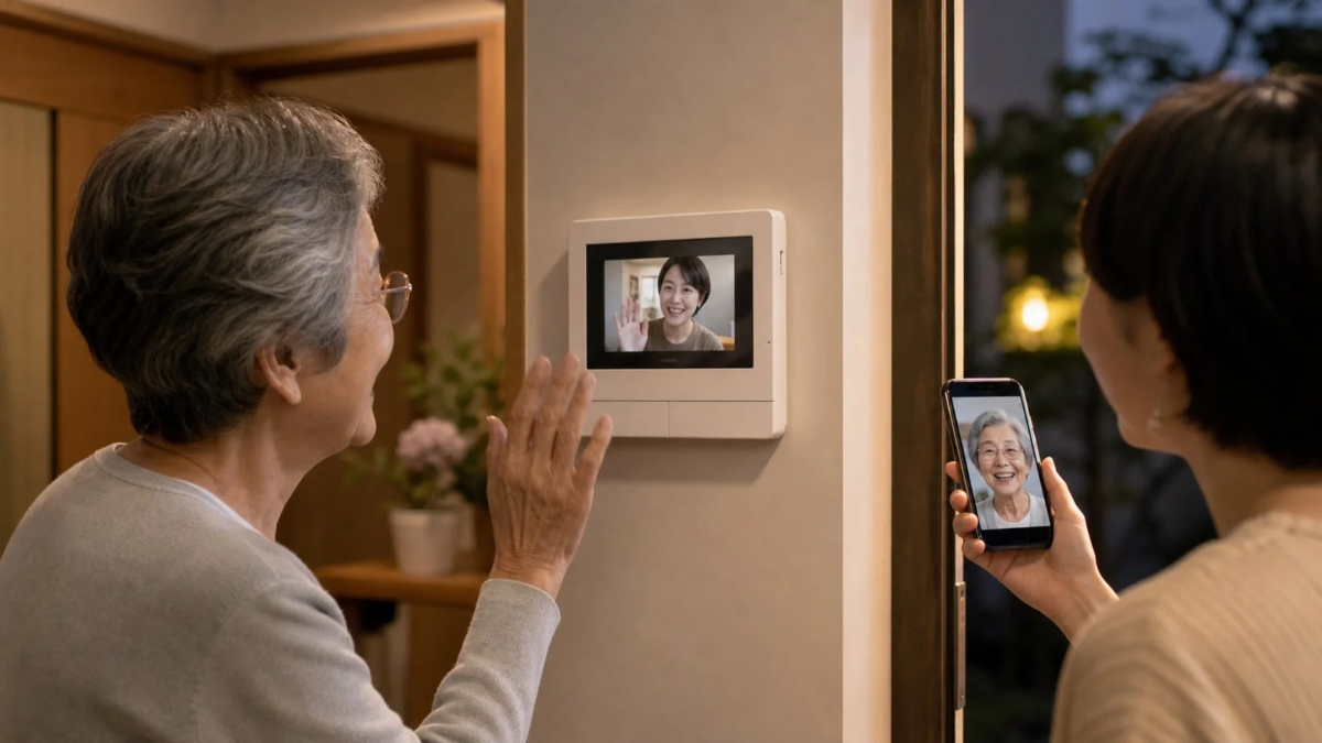 An elderly woman smiling during a video call with remote family via an intercom monitor and smartphone, depicting digital family connection.