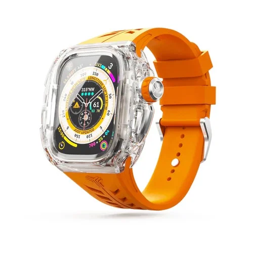 Clear Apple Watch case with orange band