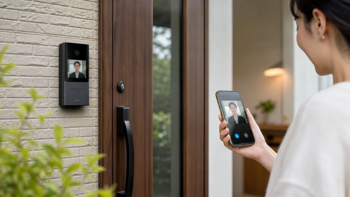 A woman using a smartphone to video call a visitor via a smart doorbell.
