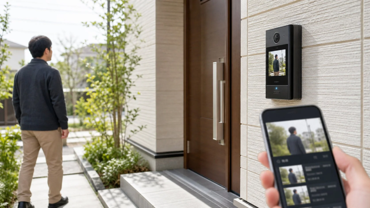 A smart doorbell at a modern home's entrance capturing a man leaving, while another person monitors the footage on a smartphone.