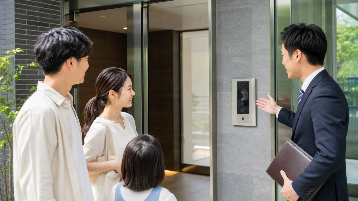 Real estate agent explaining intercom system to family