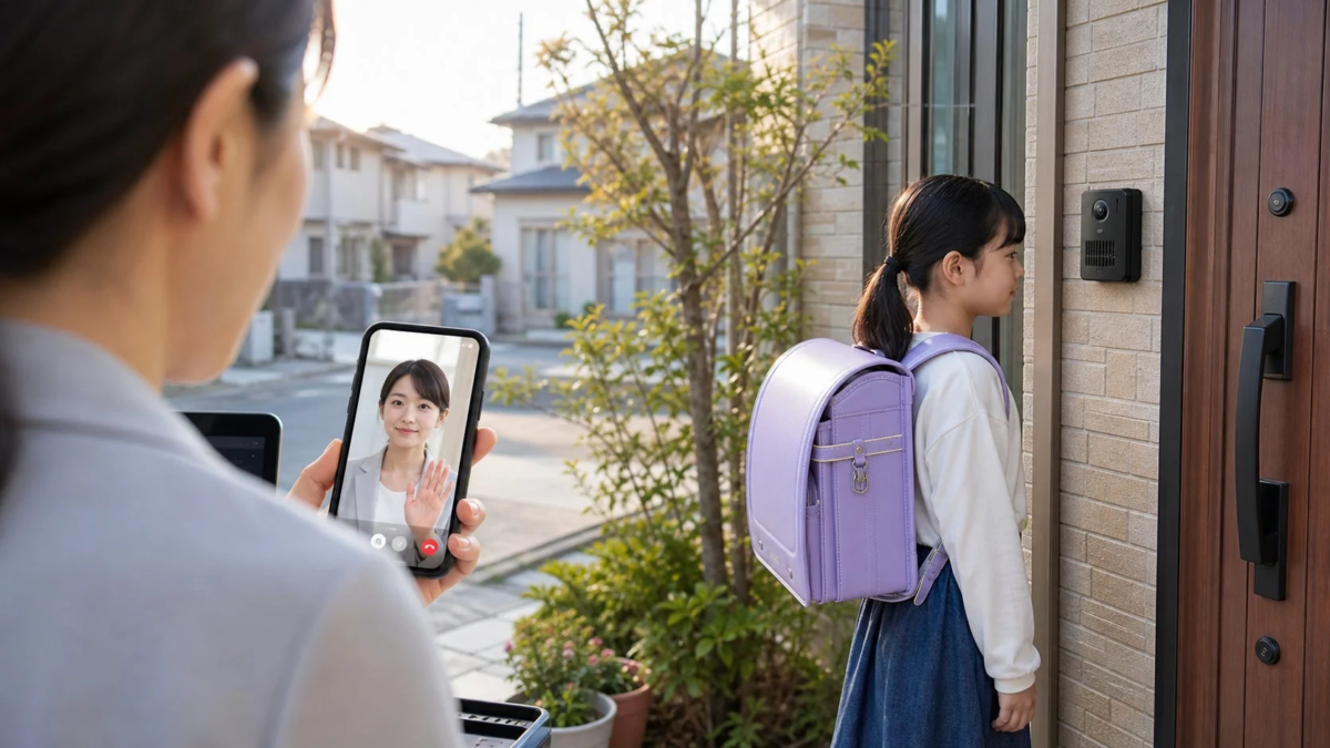 A woman on a video call via a smart intercom with a child wearing a backpack at the entrance, monitoring their return home remotely.