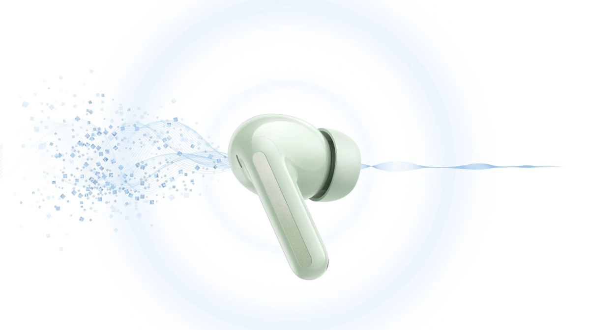Green earbud with sound waves representing ANC