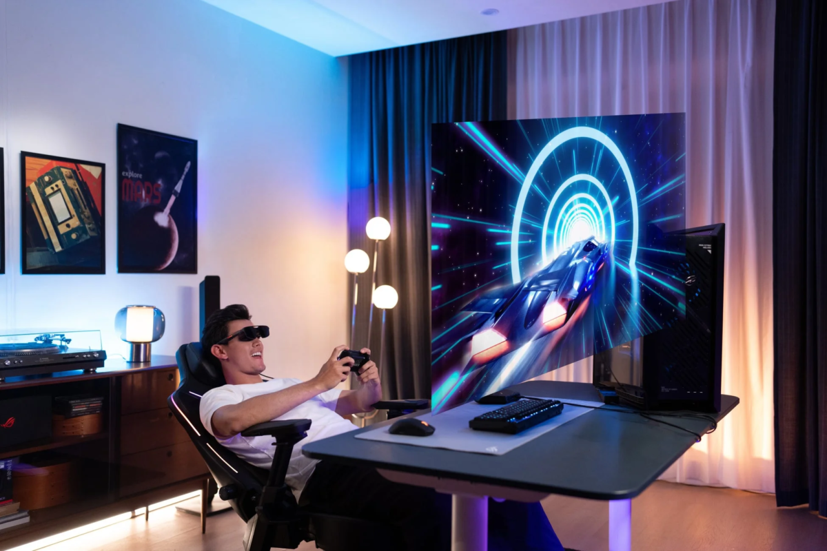 Gamer using ROG XREAL R1 AR Glasses