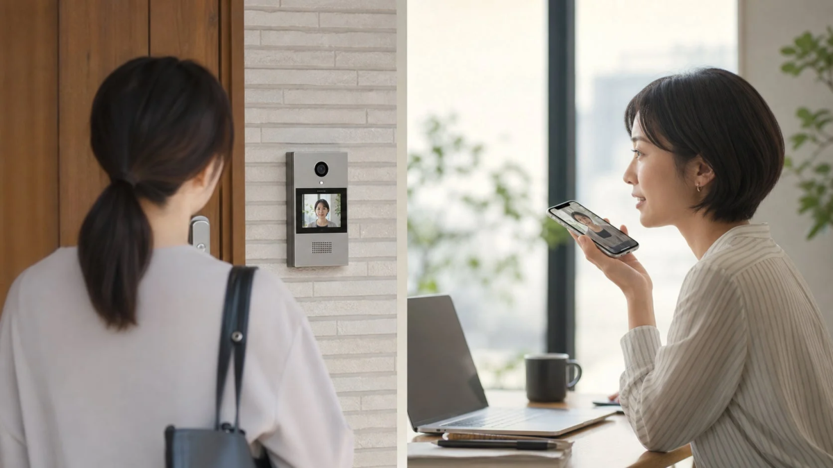 A woman interacting with a smart intercom and smartphone at an entrance to manage a visitor.