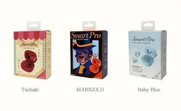 Packaging of Smart Pro Wireless Open Earphones in Tsubaki, Marigold, and Baby Blue