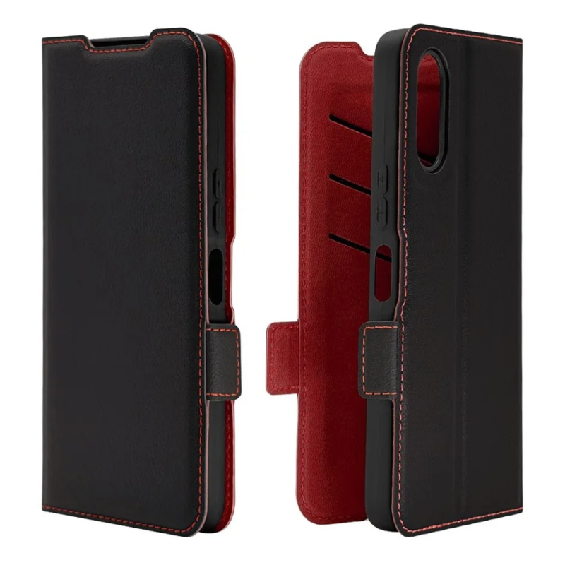Black wallet case with red stitching