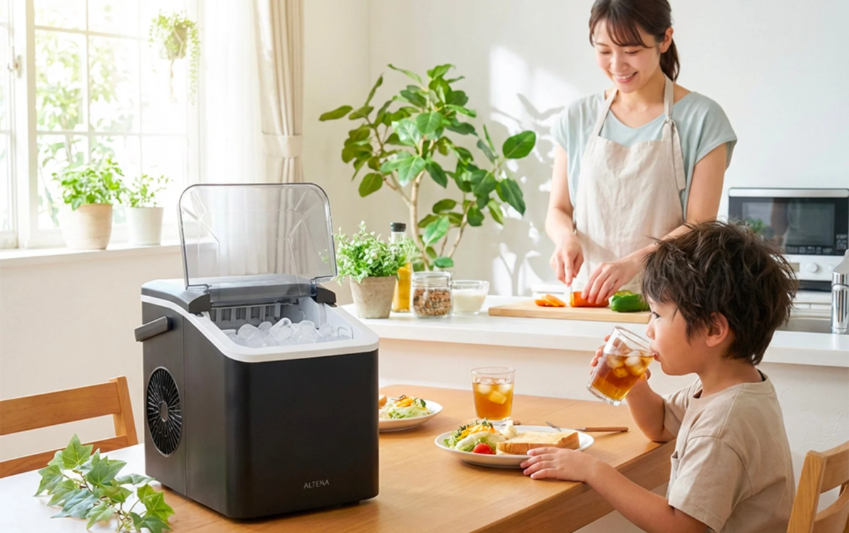 Family in living room with ice maker