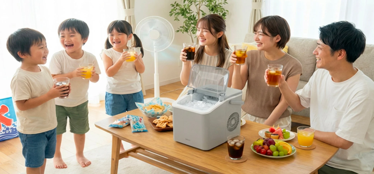 Family around ice maker