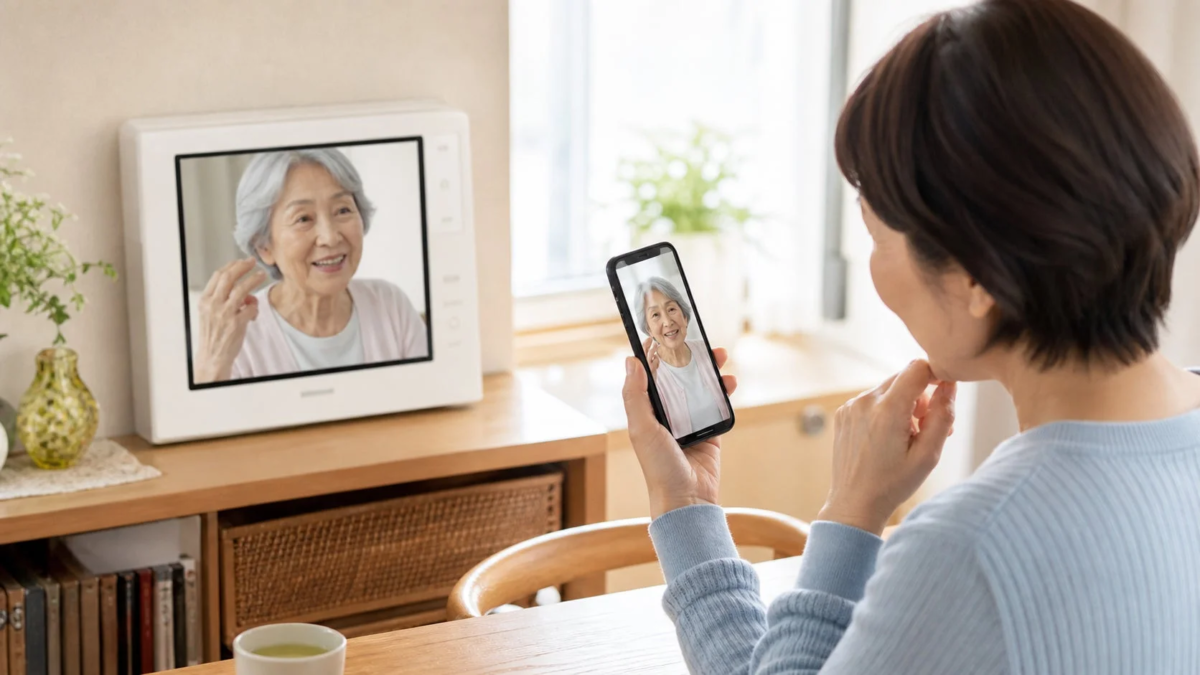 Two women enjoying a video call on a smartphone and a smart display, showing warm family communication.