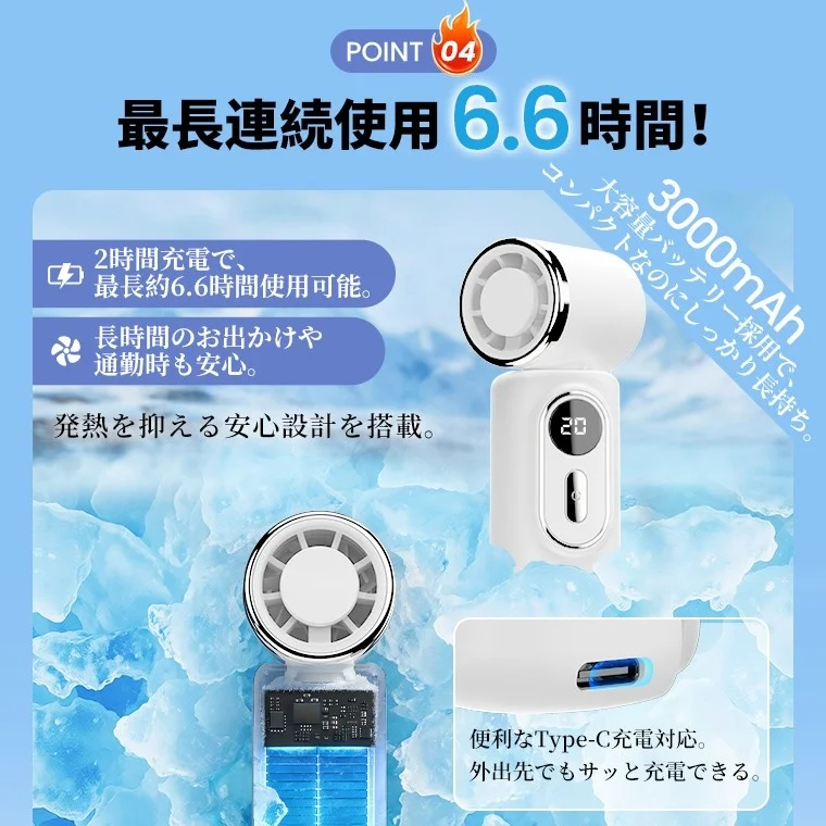 Portable fan with 3000mAh battery and Type-C charging