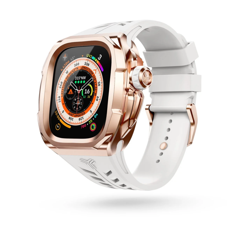 Rose gold Apple Watch case with white band