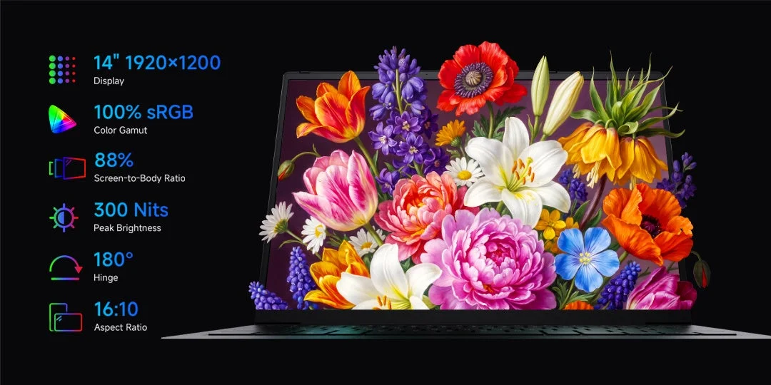 UniBook 14" 1920x1200 Display with 100% sRGB Color Gamut and 180° Hinge