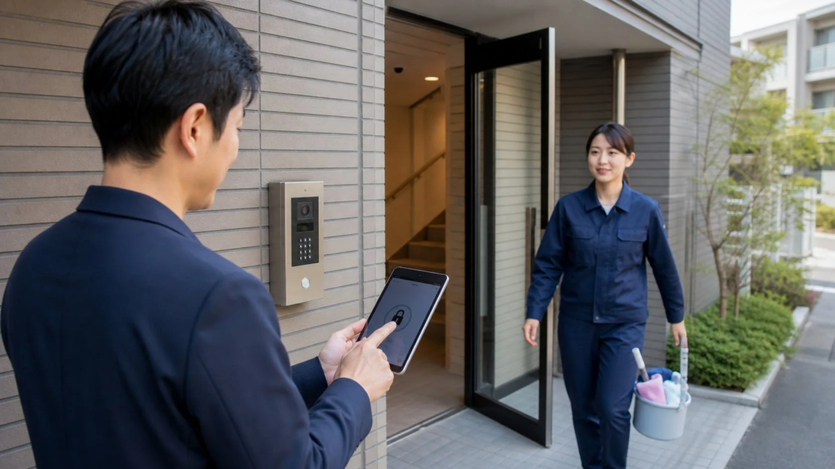 A man using a tablet to unlock an apartment entrance, with a cleaner exiting the building.