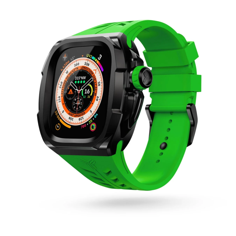 Black Apple Watch case with green band