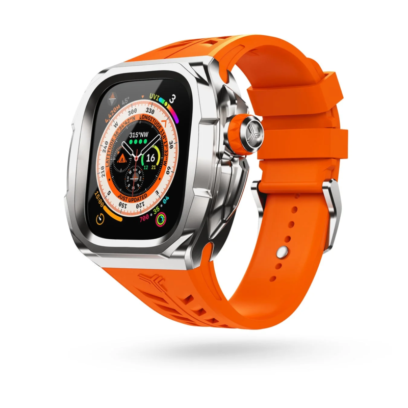 Silver Apple Watch case with orange band