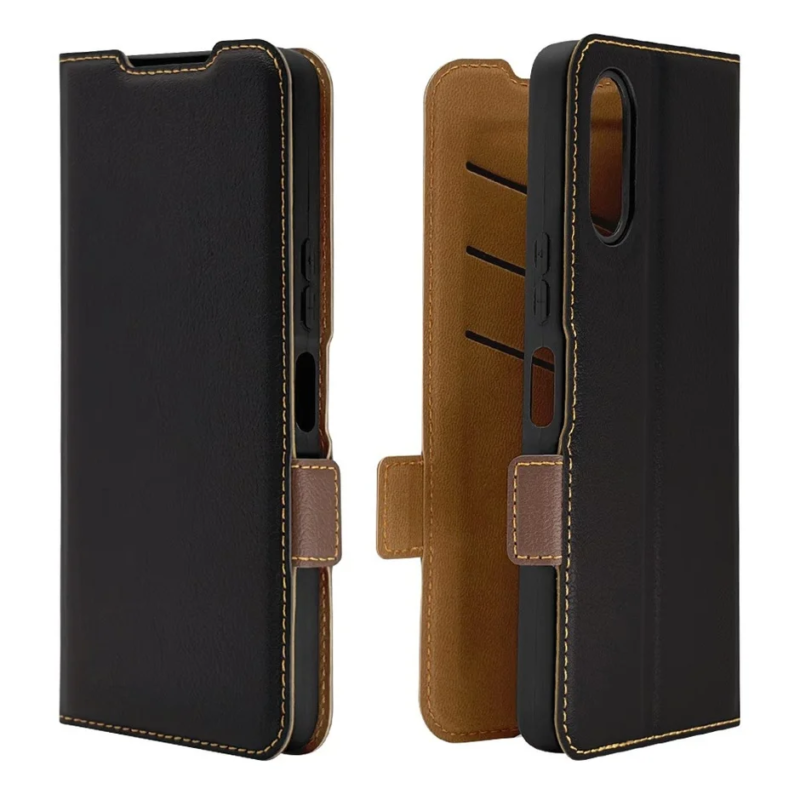 Black/Brown two-tone wallet case with yellow stitching