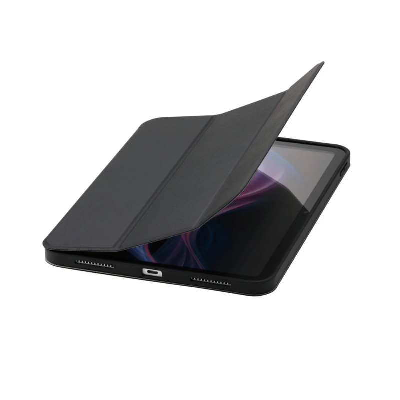 Black tablet in a protective case with a dark gray smart cover