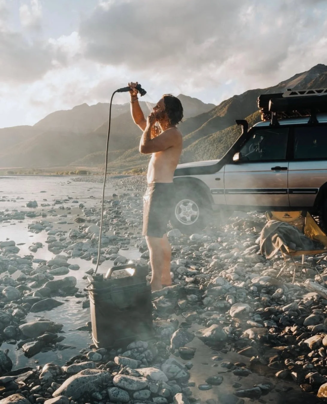 Person showering outdoors