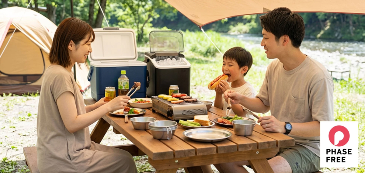 Family camping with ice maker